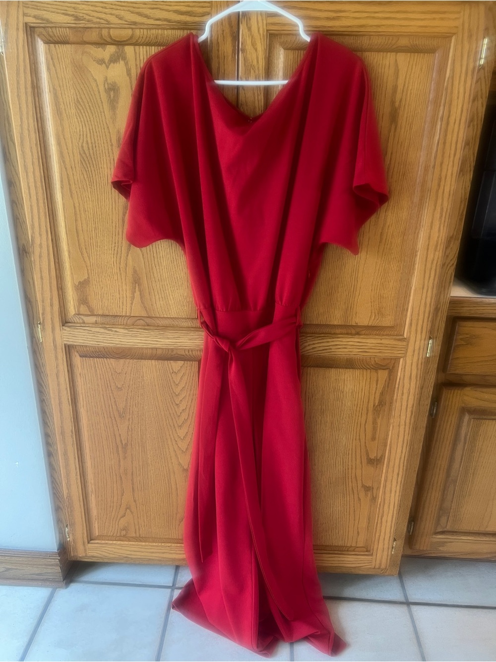 Red V-Neck Belted Pant-Suit Romper - Women